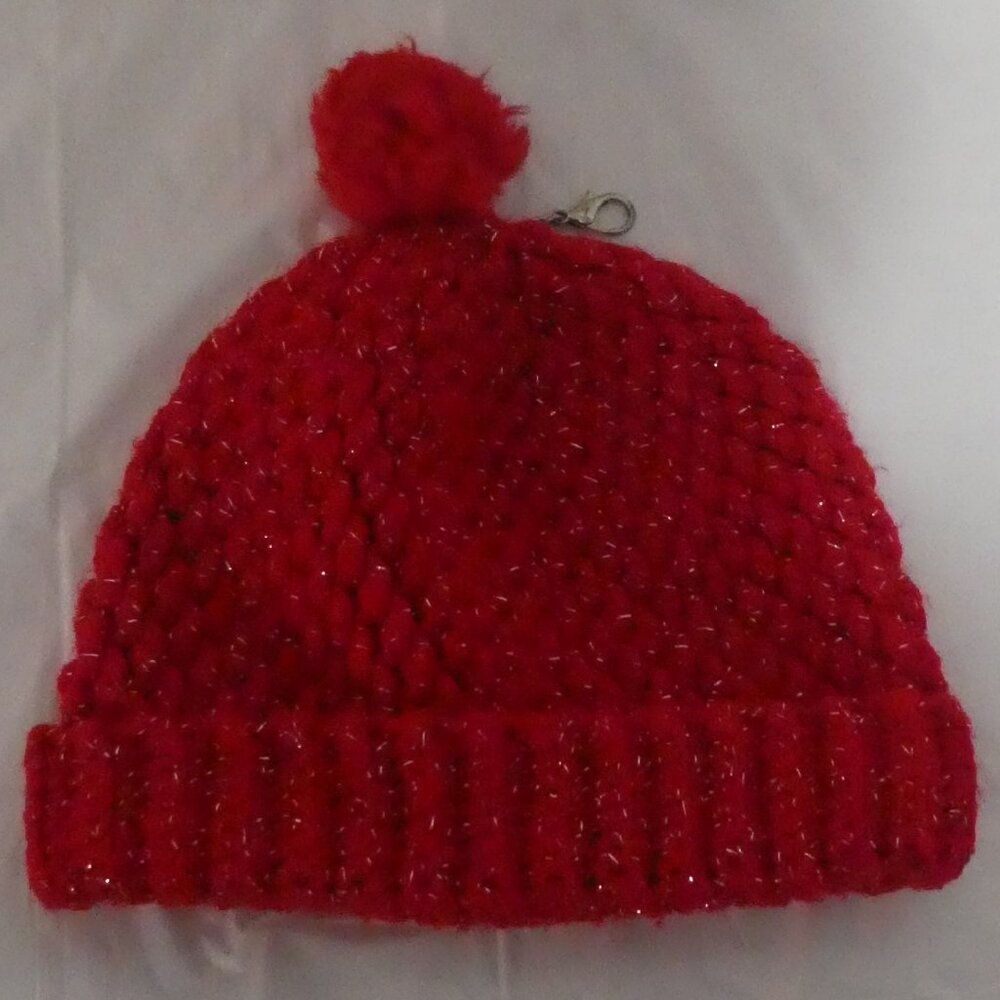 Vibrant Red and Shiny Metallic Fiber Knit Beanie with Pompom and Clip